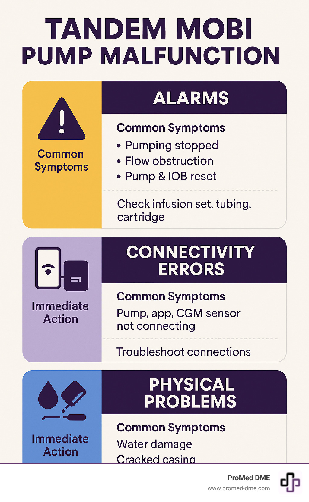 Infographic showing three main categories of Tandem Mobi pump malfunctions: Alarms (including Pumping Stopped, Obstruction of Flow, and Pump & IOB Reset), Connectivity Errors (between pump, smartphone app, and CGM sensor), and Physical Problems (water damage, cracked casing, and infusion set issues). Each category shows common symptoms and immediate actions needed. - tandem mobi pump malfunction infographic 