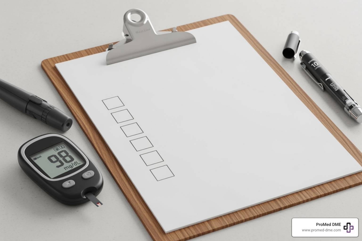 A checklist on a clipboard next to a blood glucose meter and insulin pen - tandem mobi pump malfunction