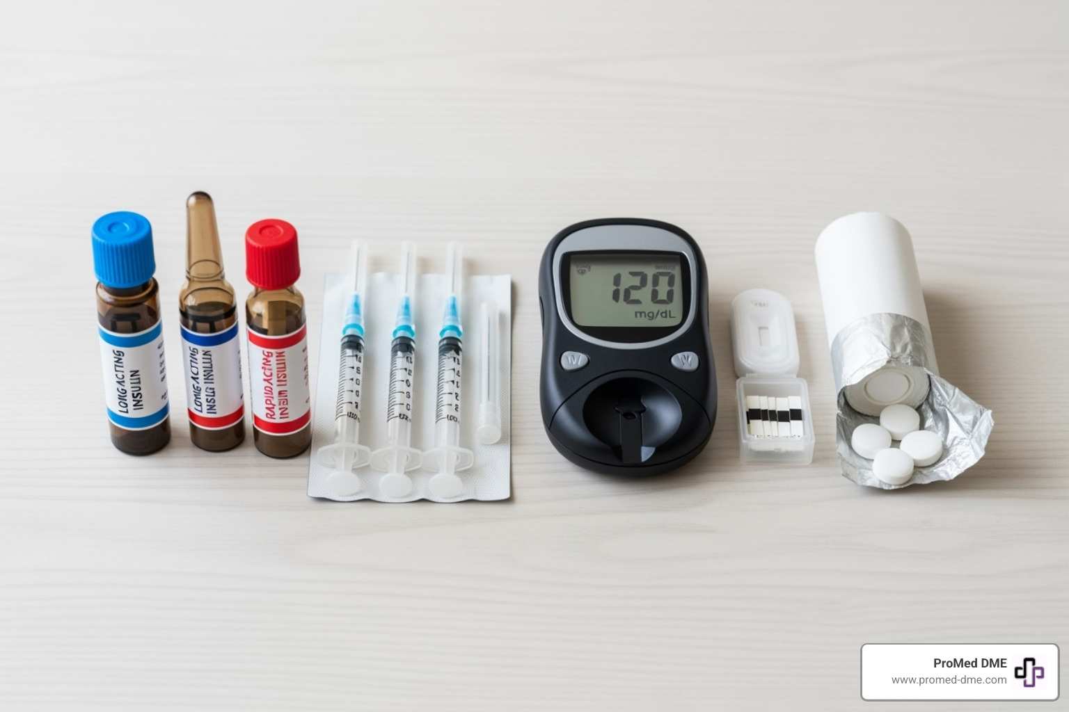 A "diabetes emergency kit" showing a vial of long-acting insulin, a vial of rapid-acting insulin, syringes, a blood glucose meter, and glucose tabs - tandem mobi pump malfunction