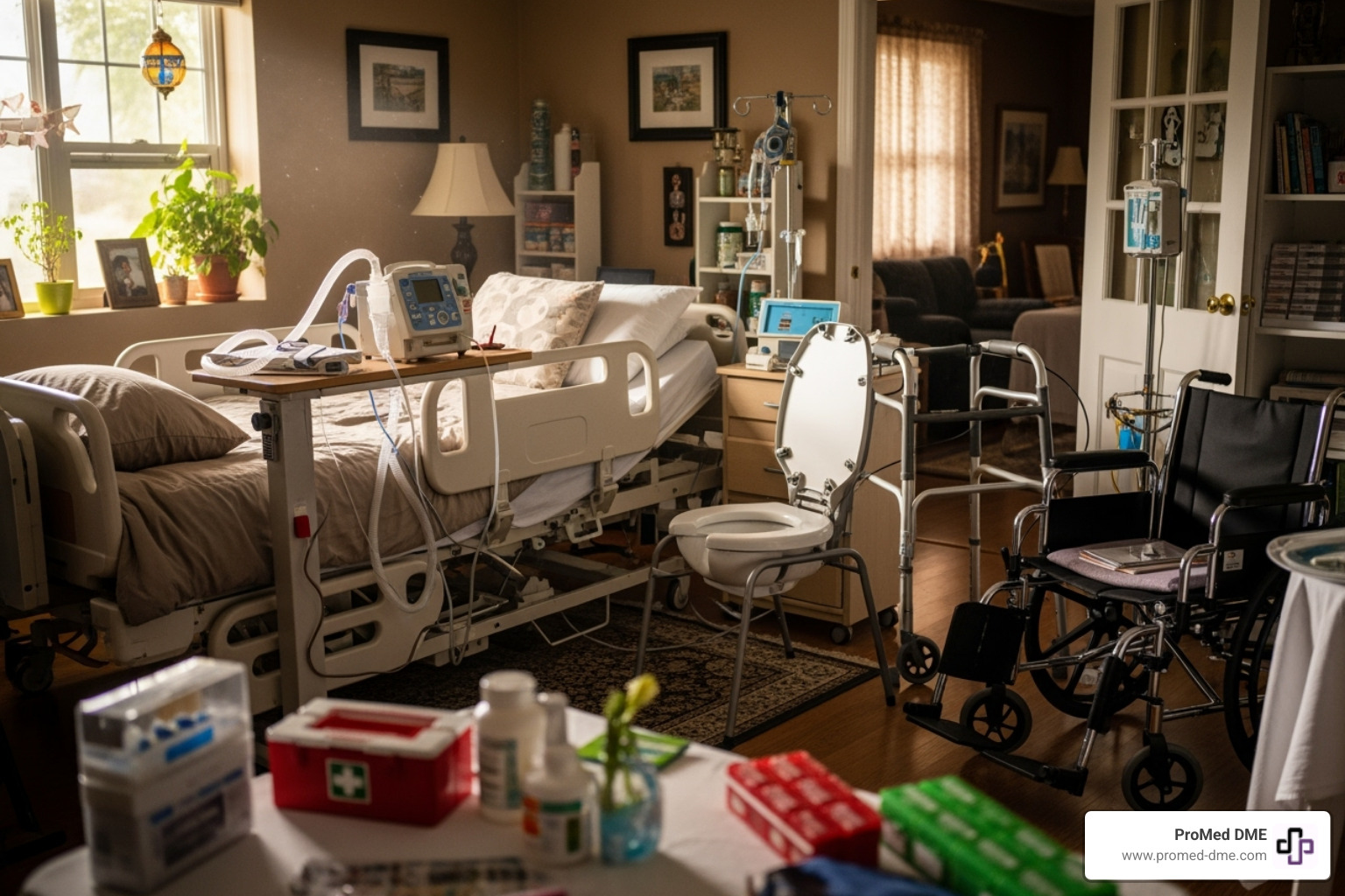 various DME items like a hospital bed, nebulizer, and commode chair - medicare approved durable medical equipment
