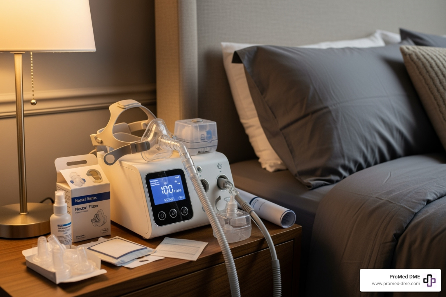 CPAP machine and supplies on a nightstand - medicare approved durable medical equipment