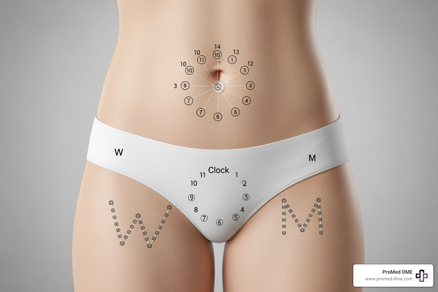 Image illustrating the "Clock" rotation pattern on the abdomen, with numbers around the navel indicating potential insertion points. Could also show an "M" or "W" pattern over a larger body area. - Insulin pump site rotation