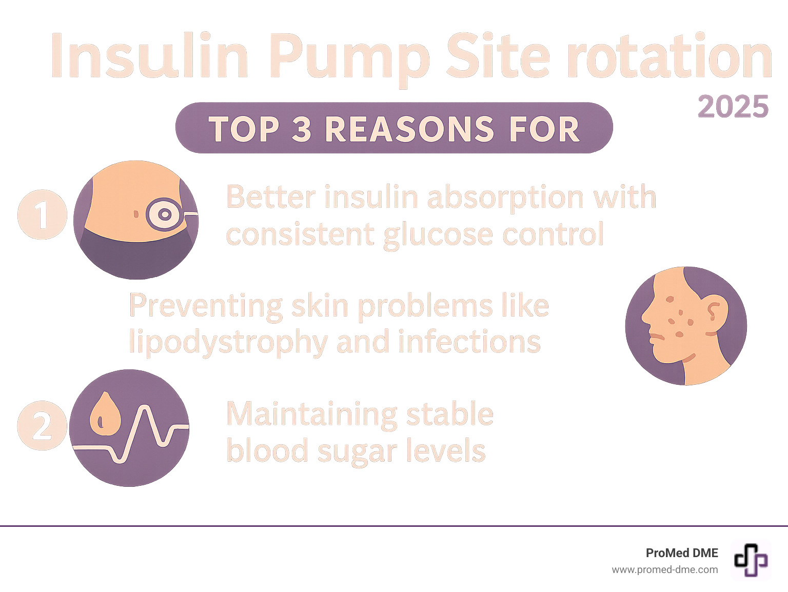 Infographic showing the top 3 reasons for insulin pump site rotation: better insulin absorption with consistent glucose control, preventing skin problems like lipodystrophy and infections, and maintaining stable blood sugar levels by avoiding unpredictable highs and lows - Insulin pump site rotation infographic 