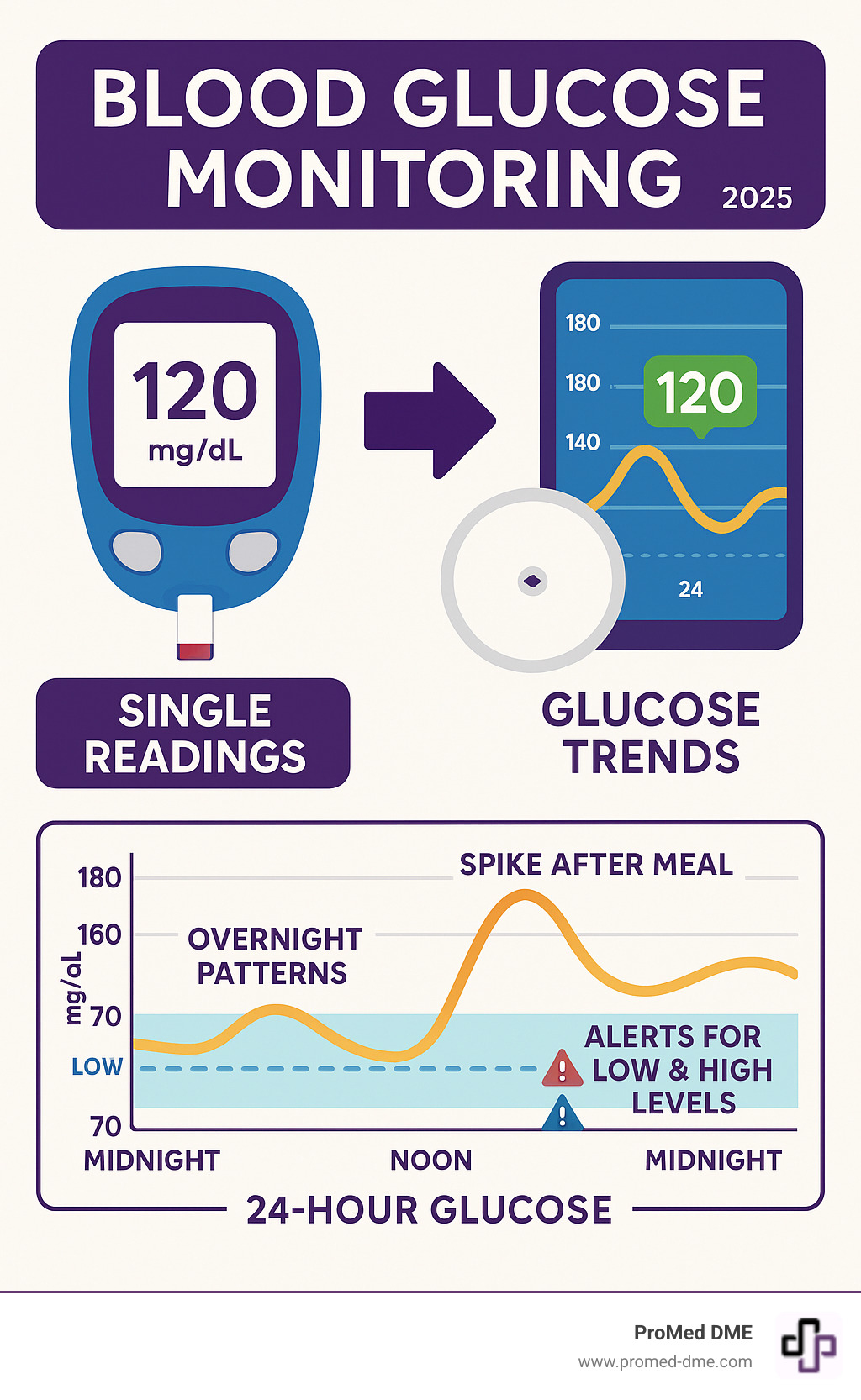 Infographic showing the difference between single point-in-time blood glucose readings from traditional meters versus continuous glucose data throughout a 24-hour period, displaying how CGMs capture glucose trends, spikes after meals, overnight patterns, and provide alerts for high and low levels that single readings might miss - blood glucose monitoring system infographic 