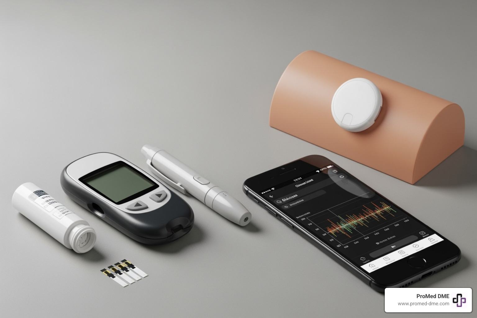 traditional blood glucose meter kit next to a modern CGM sensor and smartphone app - blood glucose monitoring system