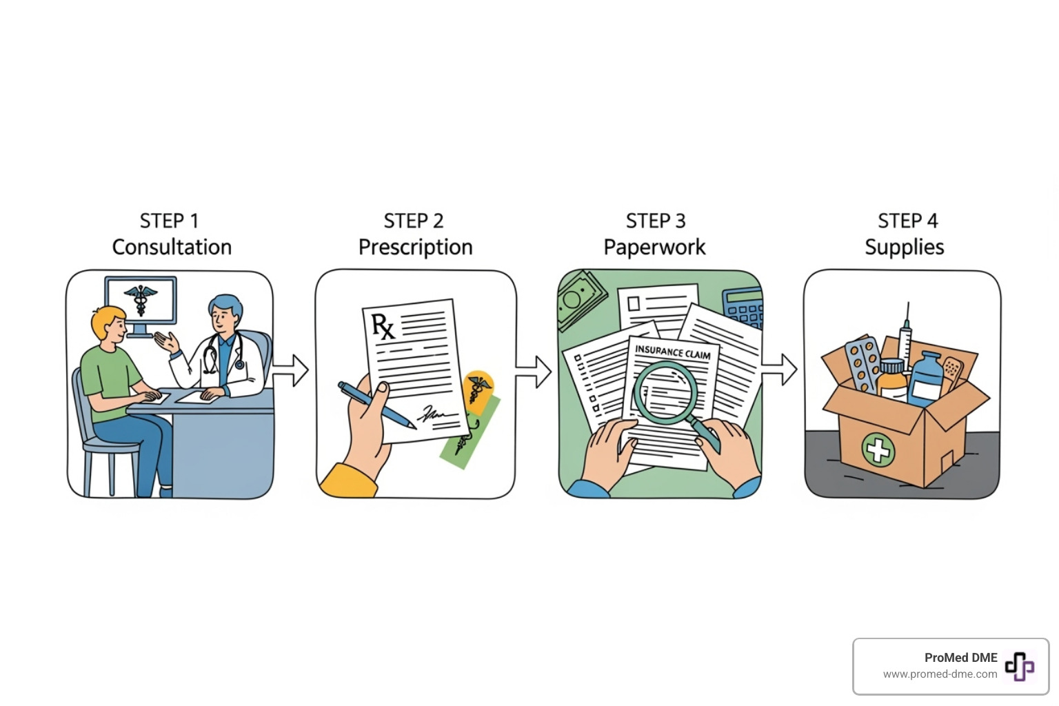 Illustration showing the four main steps: Talk to Doctor, Get Prescription, Verify Insurance, Order Supplies - how to get cgm