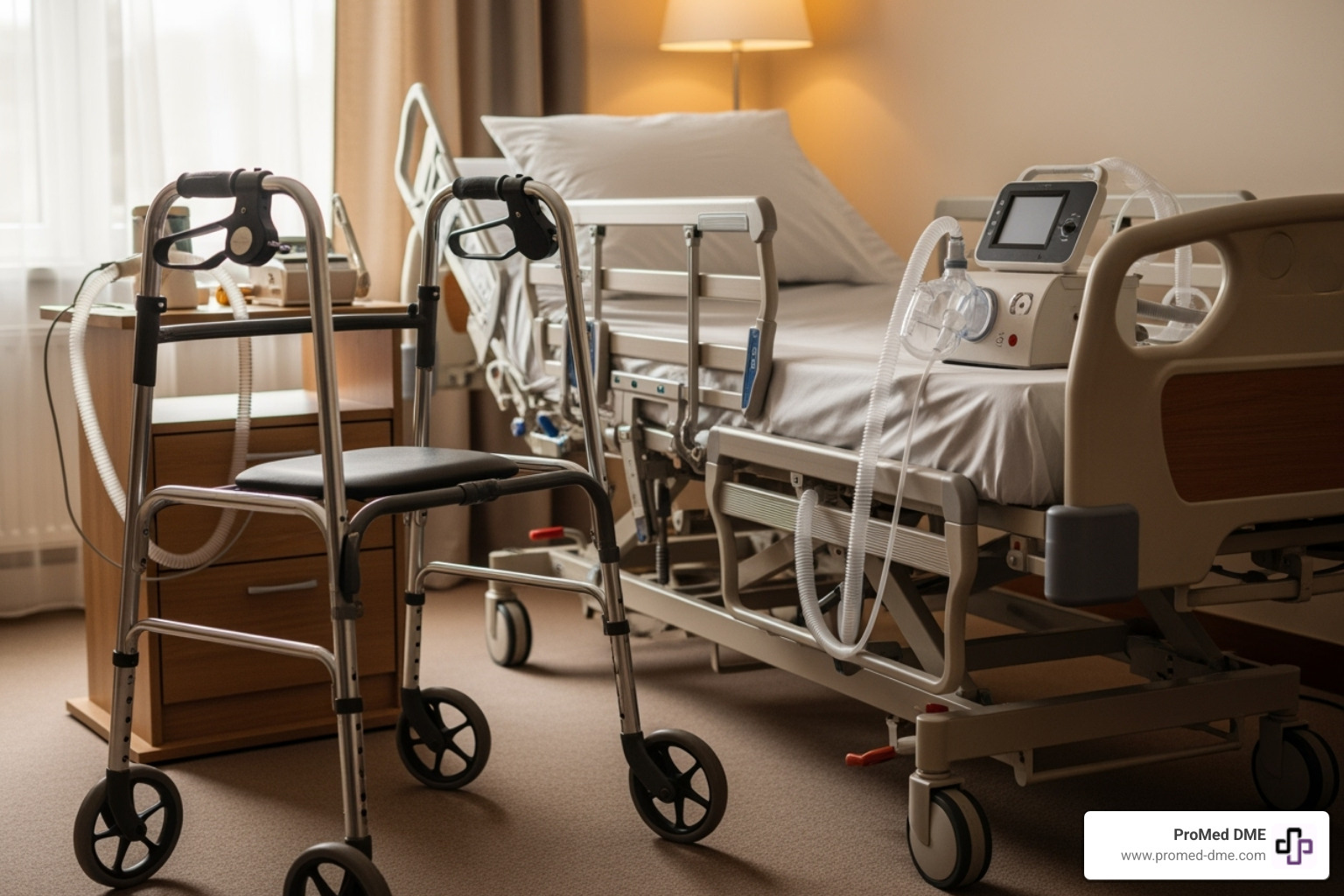 various DME items like a walker, CPAP machine, and hospital bed - medicare approved dme