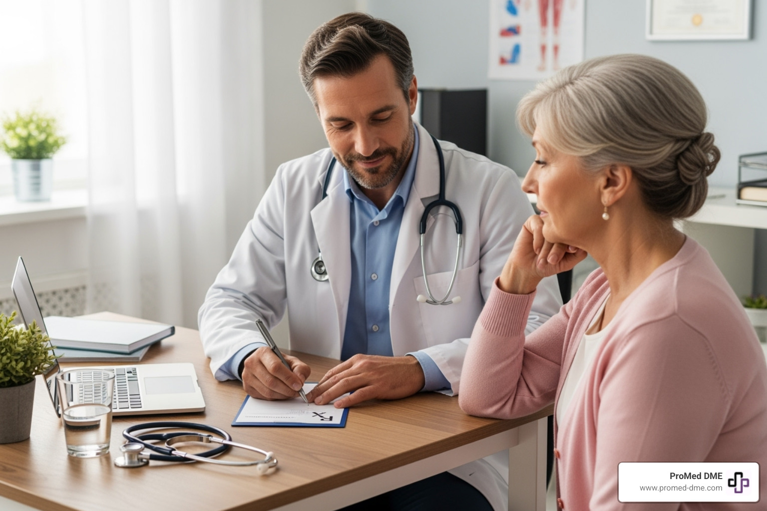 a doctor writing a prescription for a patient - medicare approved dme