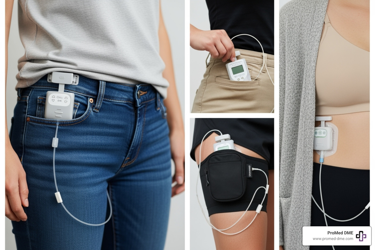 A collage of images showing different ways a person can wear an insulin pump: clipped to a waistband, tucked into a pocket, secured in a thigh pouch, and worn in a bra. Tubing length varies to accommodate each placement. - Insulin pump tubing length