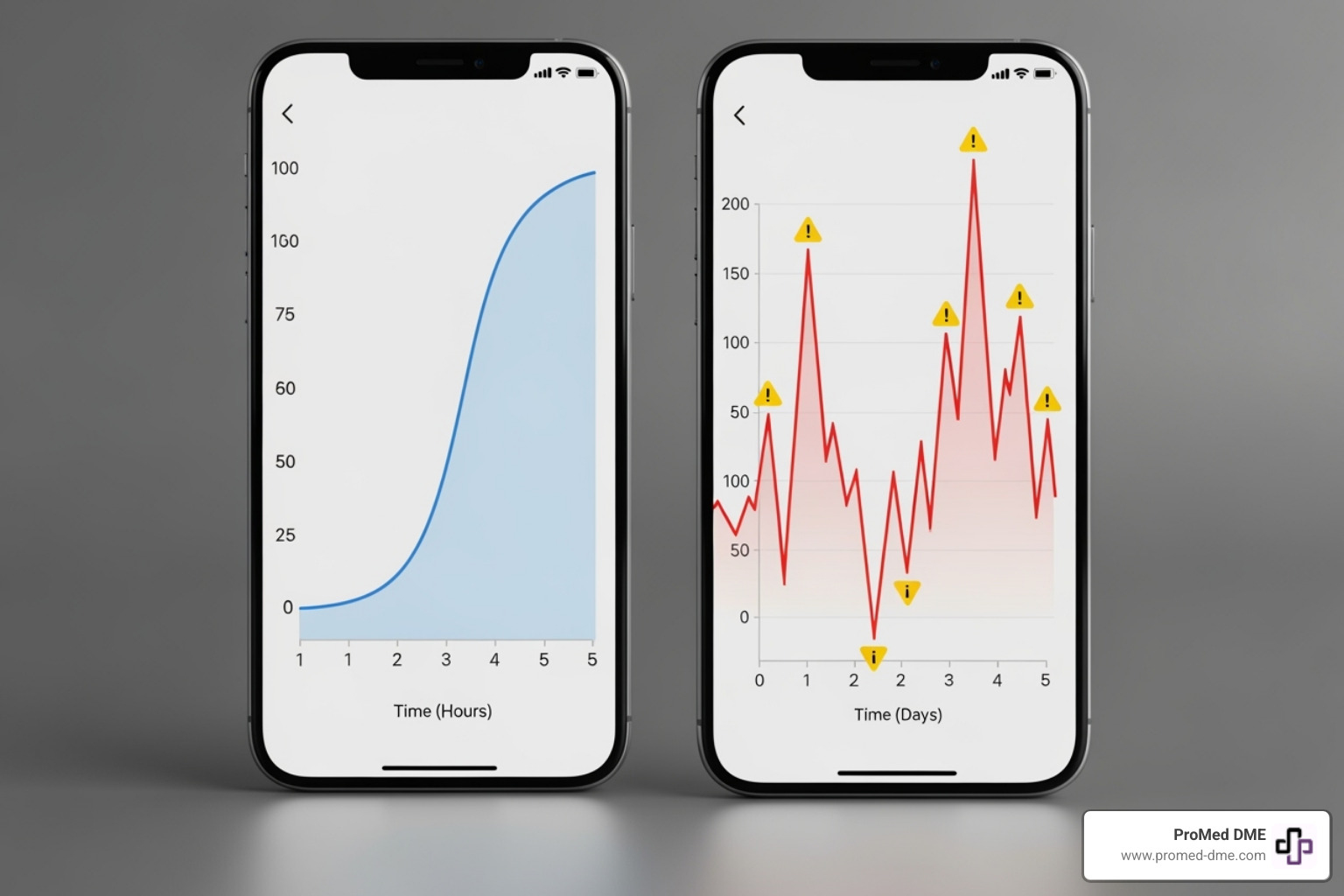 Two phones side-by-side, one showing a simple, smooth glucose trend line (representing an accessible CGM) and the other displaying a more detailed graph with distinct peaks, valleys, and alert icons (representing a prescription CGM). - CGM without prescription