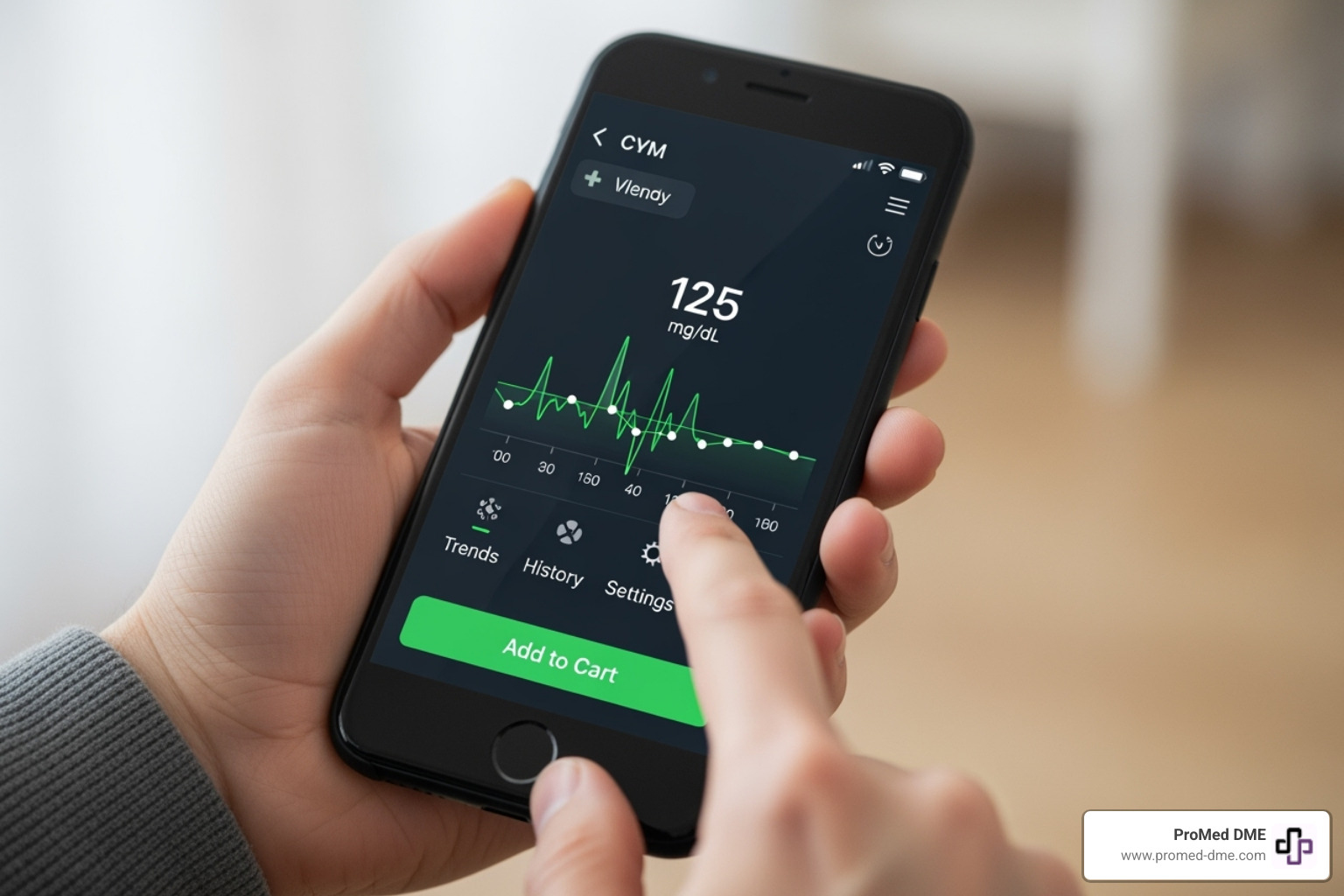 A person's hands holding a smartphone, with a CGM device on the screen and a finger tapping an "Add to Cart" button, symbolizing online purchase. - CGM without prescription