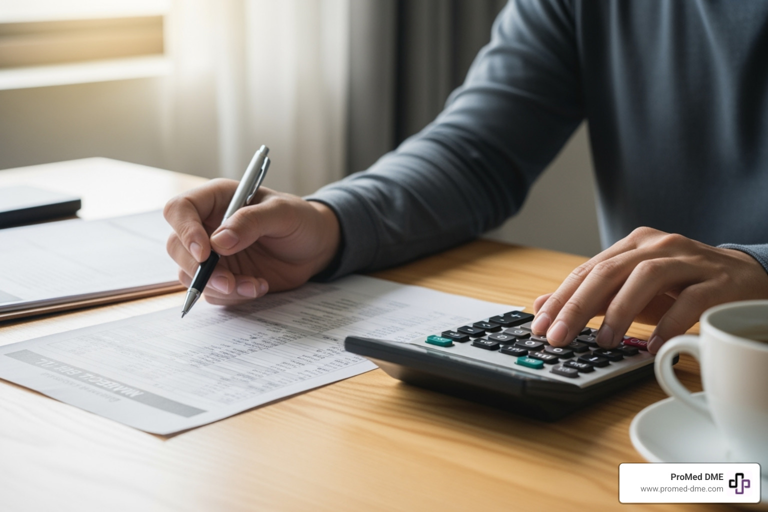 person reviewing a medical bill with a calculator - medicare wound care supplies