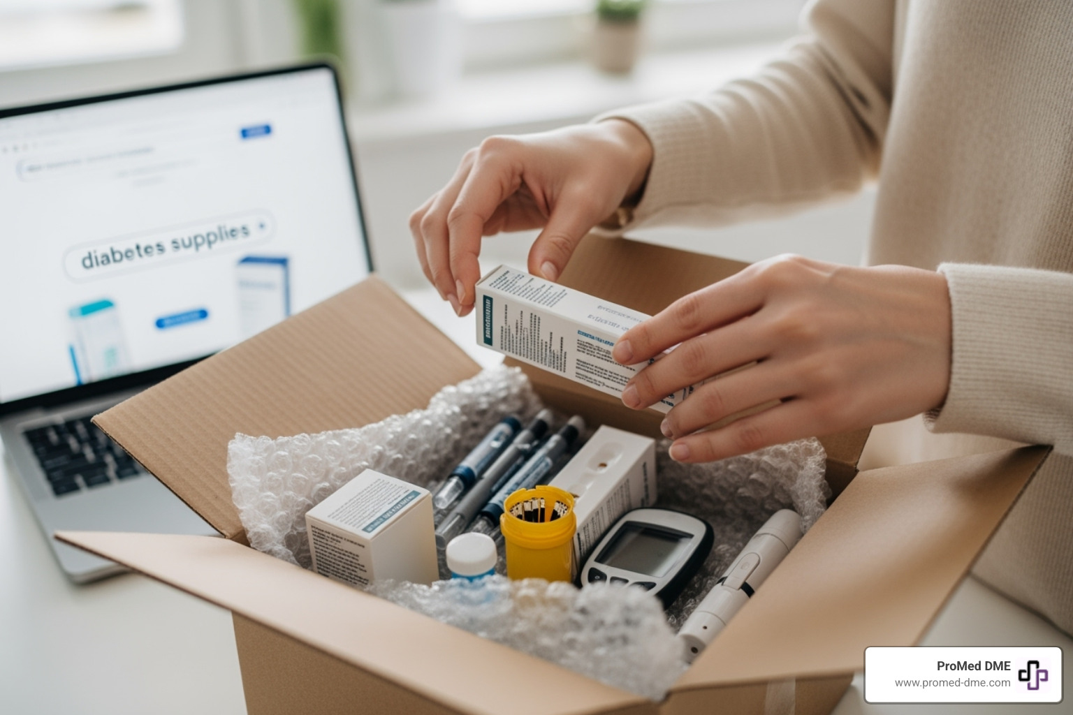 a person on a laptop, looking at a secure (padlock icon visible) medical supply website. - buy diabetes supplies online