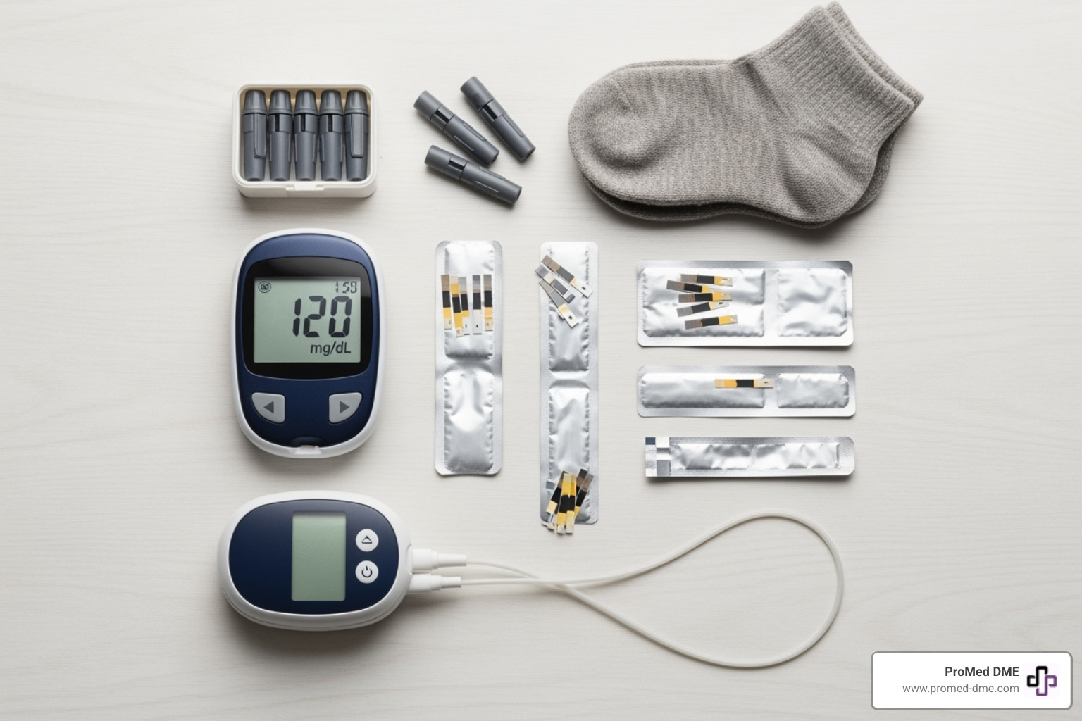 a flat lay arrangement of various diabetes supplies like a glucose meter, test strips, lancets, an insulin pump, and diabetic socks. - buy diabetes supplies online