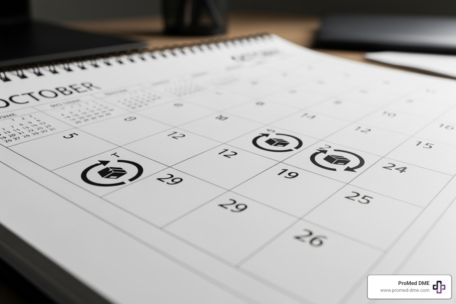 a calendar with a recurring delivery icon, symbolizing an auto-ship program. - buy diabetes supplies online