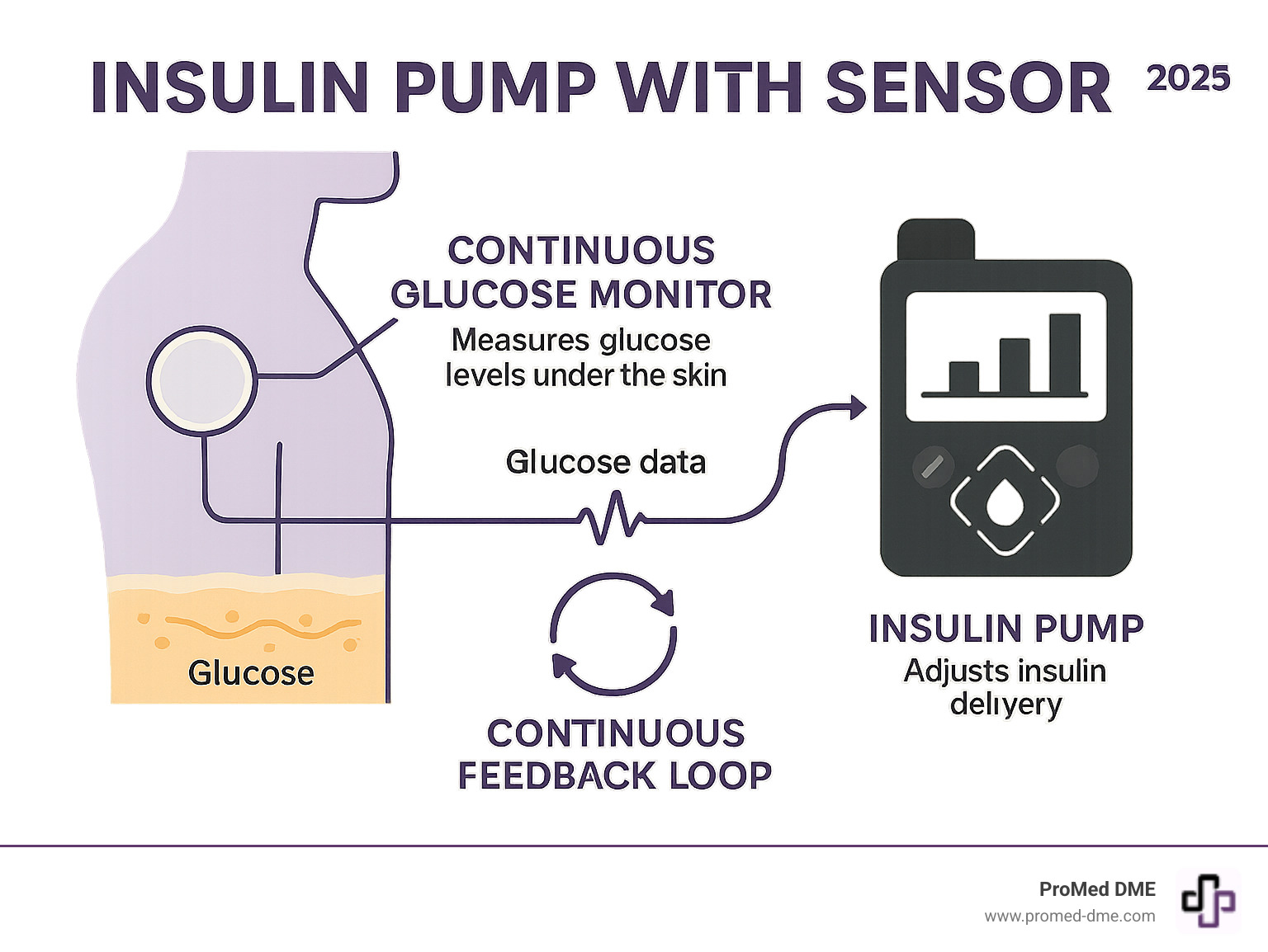 Infographic showing how a continuous glucose monitor (CGM) measures glucose levels under the skin and wirelessly sends this data to an insulin pump. The insulin pump then uses this information, often with smart algorithms, to automatically adjust the amount of insulin delivered into the body, creating a continuous feedback loop to help keep blood sugar levels stable. - Insulin pump with sensor infographic 