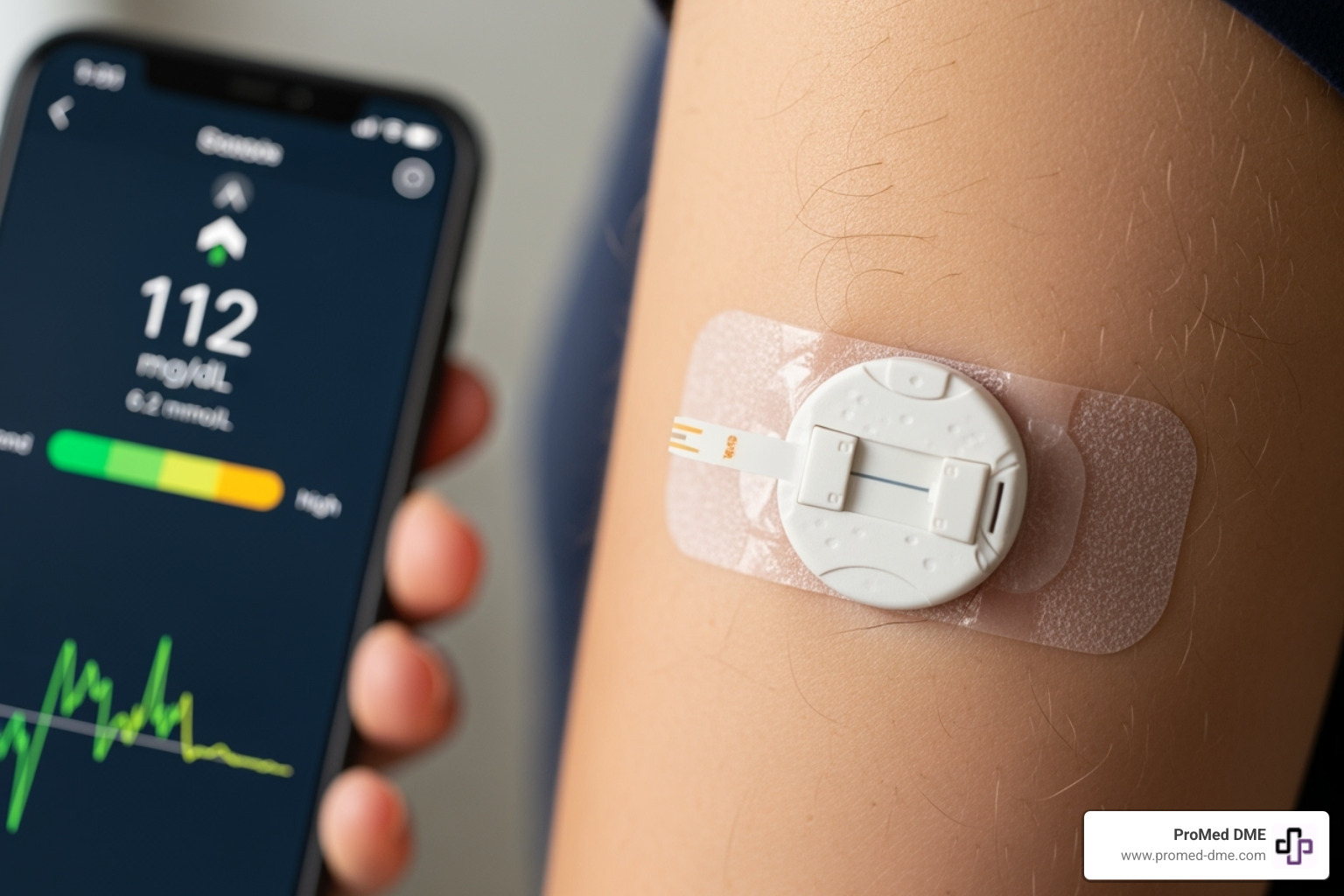 A close-up image of a Continuous Glucose Monitor (CGM) sensor adhered to the back of an arm, with a smartphone displaying glucose readings in the foreground. - Insulin pump with sensor