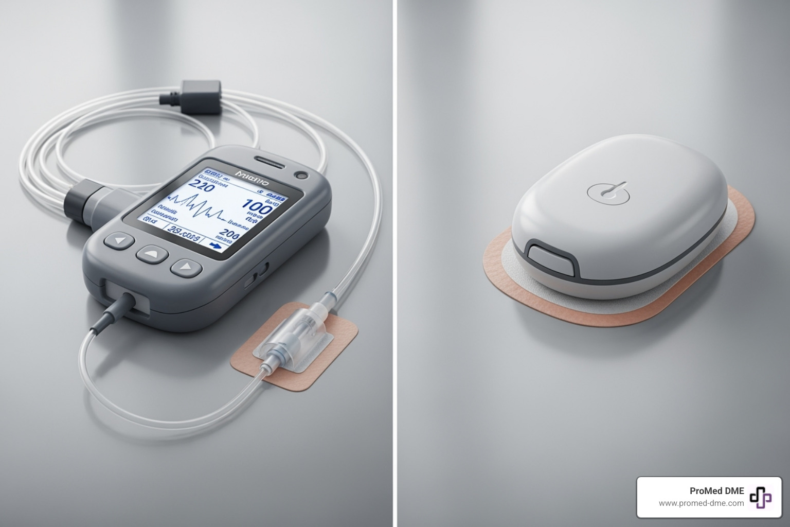 a tubed insulin pump next to a tubeless patch pump - candidates for insulin pump therapy