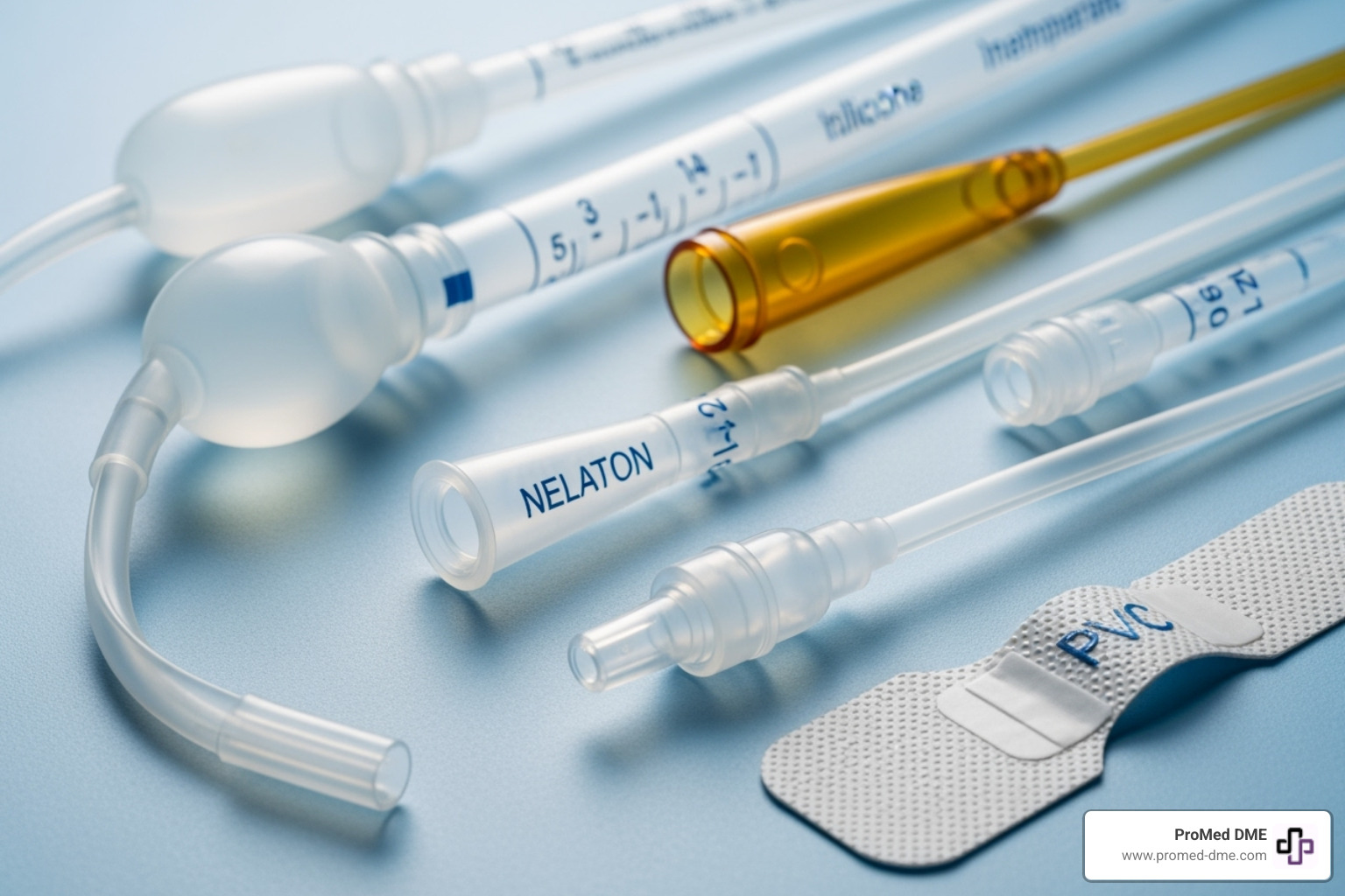 A display of various types of urinary catheters, including indwelling, intermittent, and external catheters, with different sizes and materials - catheter supplies medicare