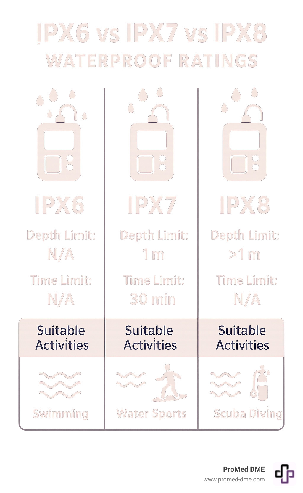 Comprehensive comparison chart showing IPX6 vs IPX7 vs IPX8 waterproof ratings with depth limits, time limits, and suitable activities for each rating level - Waterproof insulin pump covers infographic 