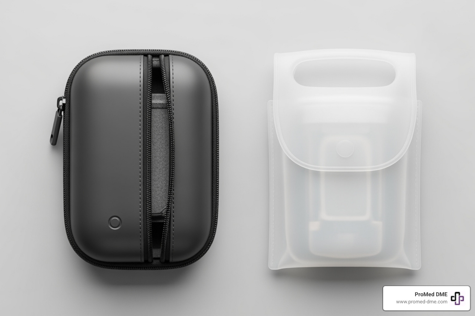 showing a side-by-side comparison of a sleek hard-shell case and a flexible, transparent pouch - Waterproof insulin pump covers