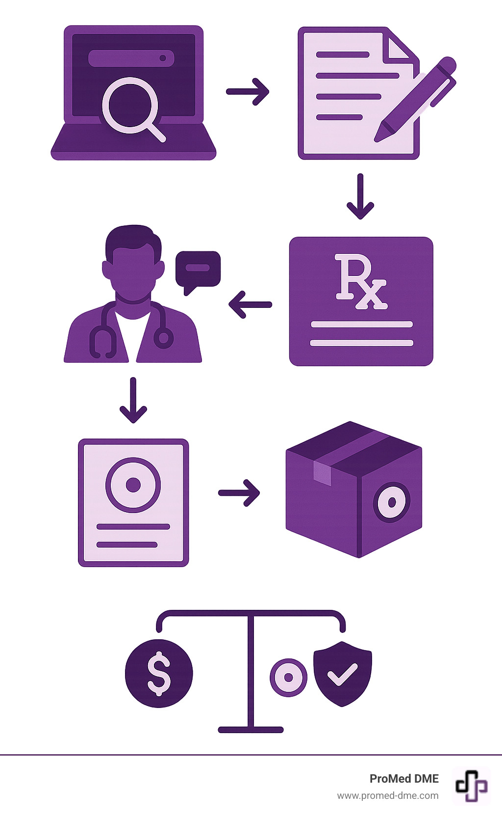 Step-by-step process showing online consultation leading to CGM prescription and device delivery, with cost breakdown and insurance options - get CGM prescription online infographic 