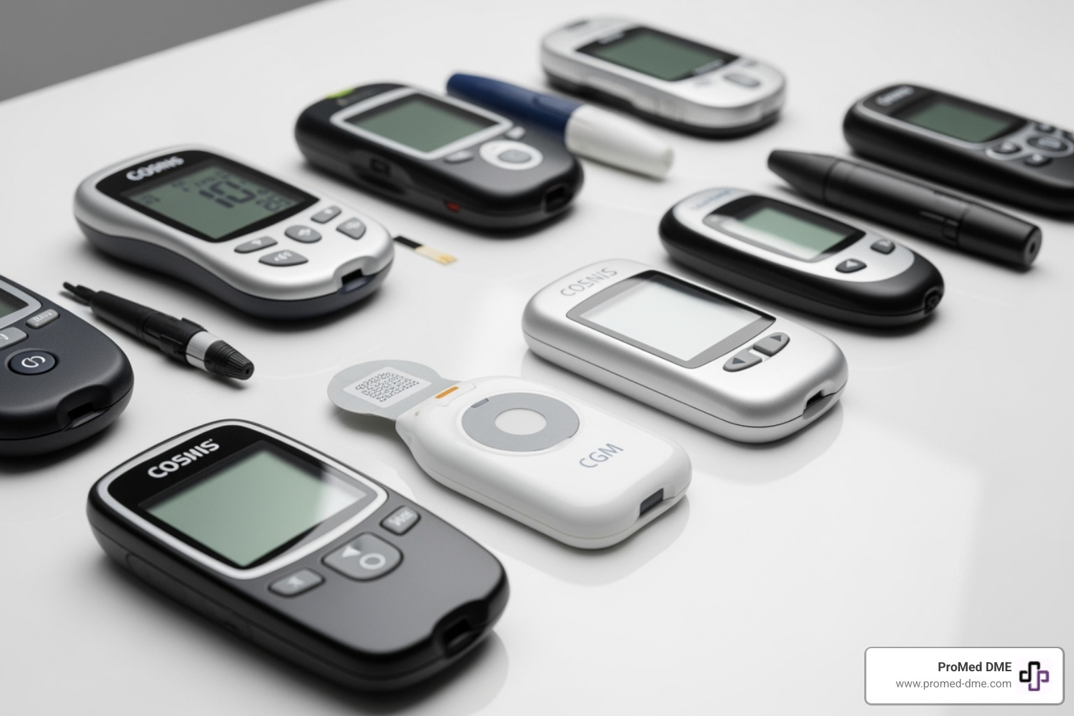 Image showing a variety of glucometers and CGM devices. - medicare approved glucometers