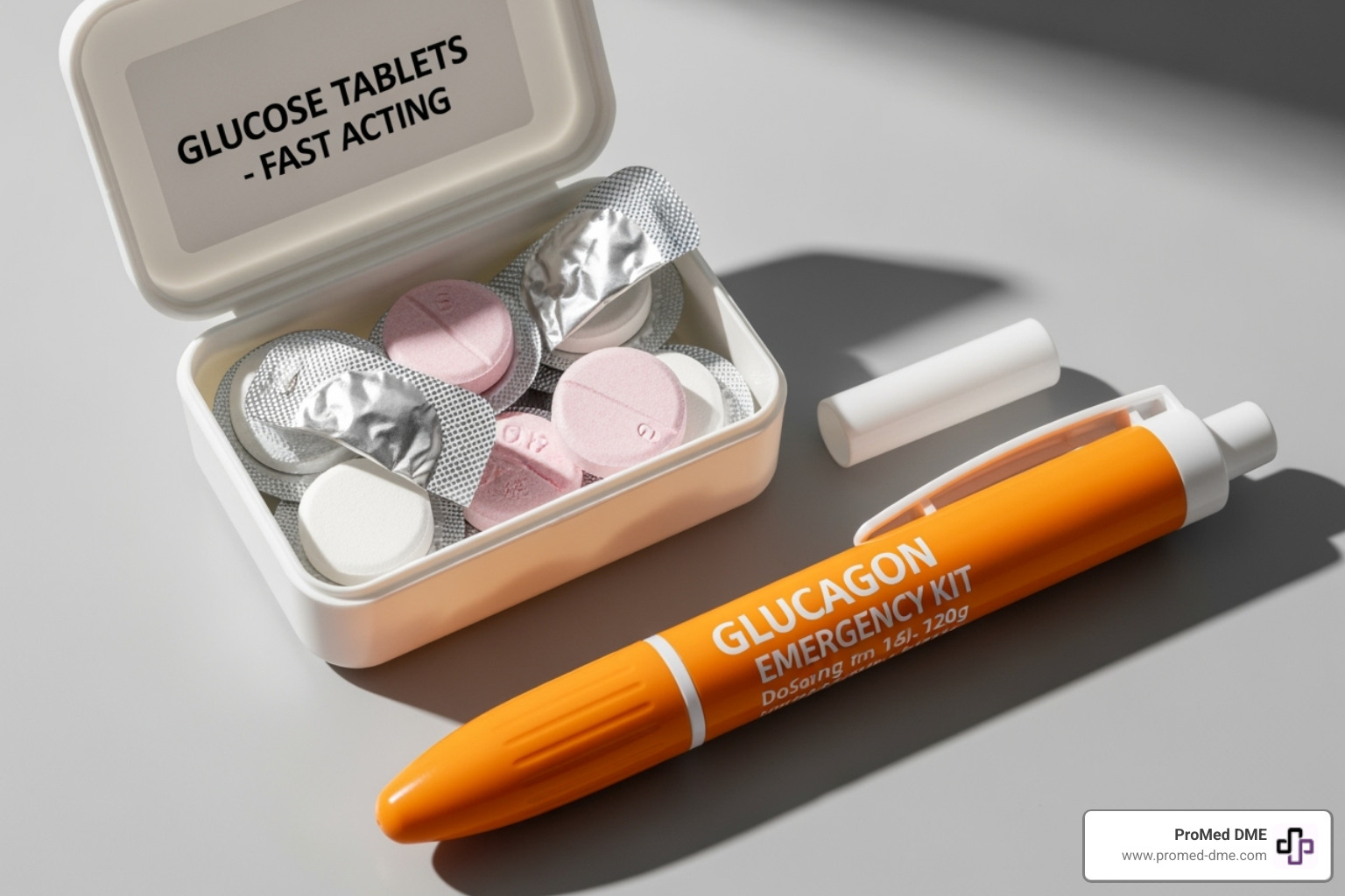 hypoglycemia emergency kit with glucose tablets and a glucagon pen - what causes hypoglycemia