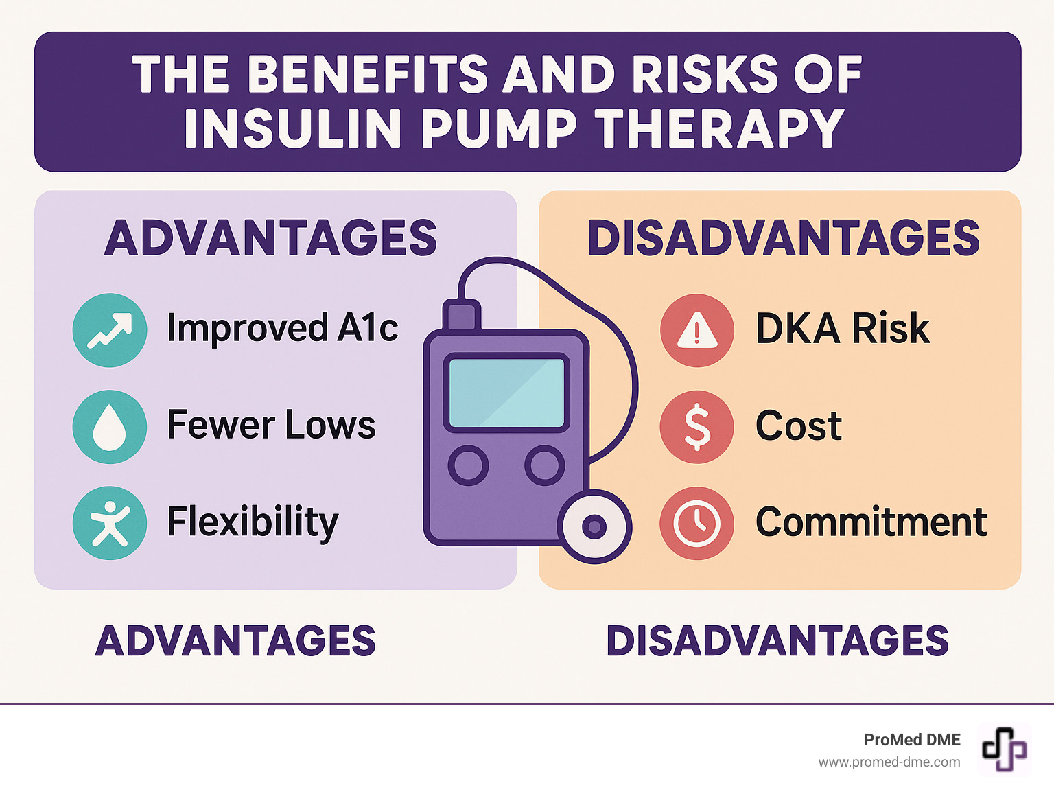 Infographic comparing the pros and cons of insulin pump therapy, with advantages like improved A1c, fewer lows, and flexibility on one side, and disadvantages like DKA risk, cost, and commitment on the other - how does an insulin pump work infographic 