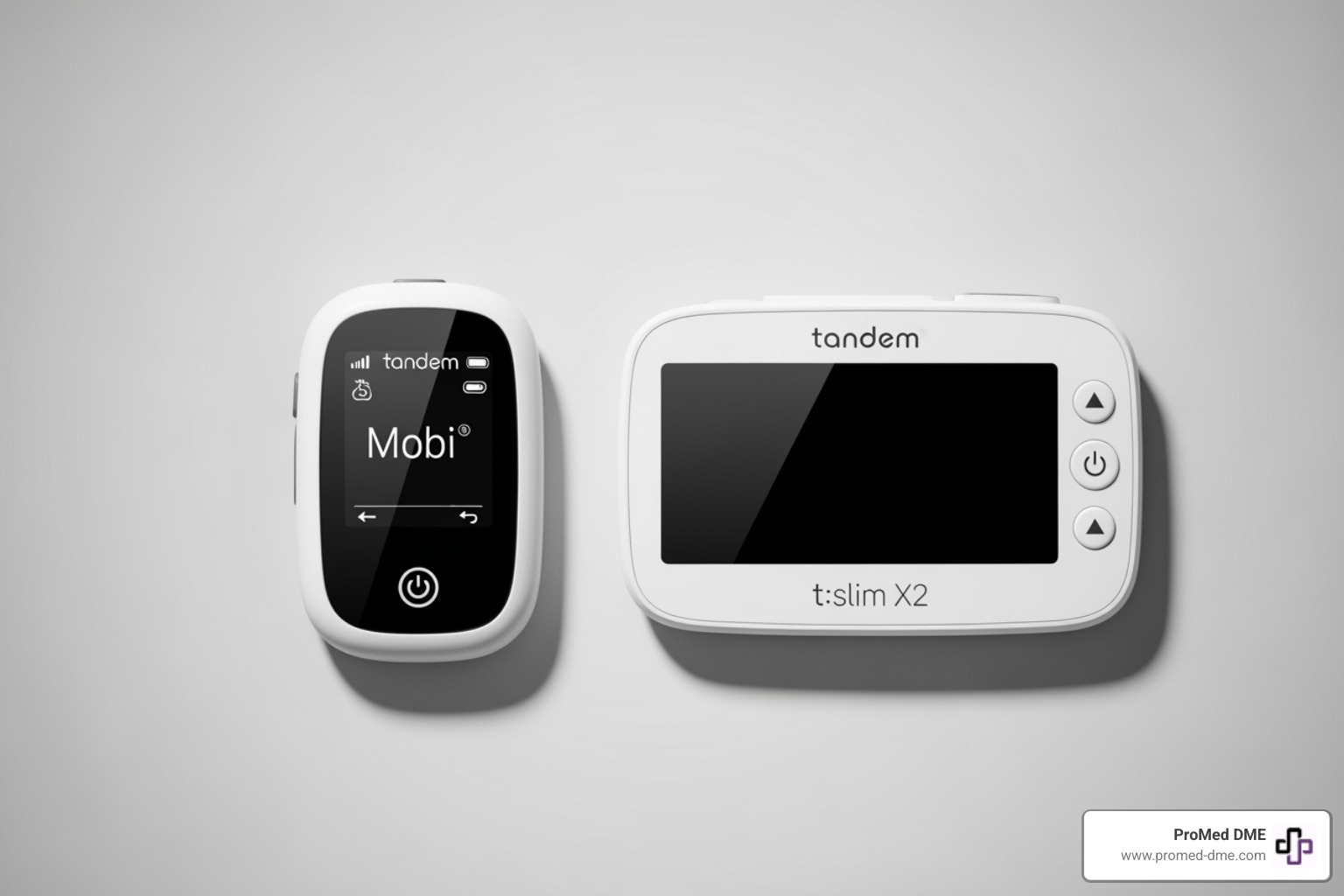 Tandem Mobi and t:slim X2 pumps side-by-side, clearly showing the significant size difference - tandem mobi pump picture