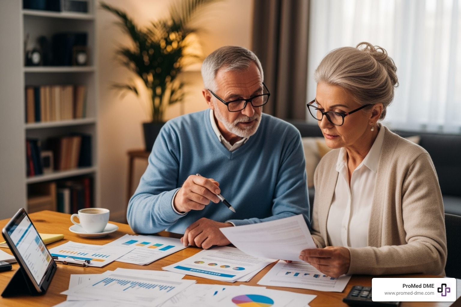 Senior couple reviewing insurance documents - incontinence products medicare