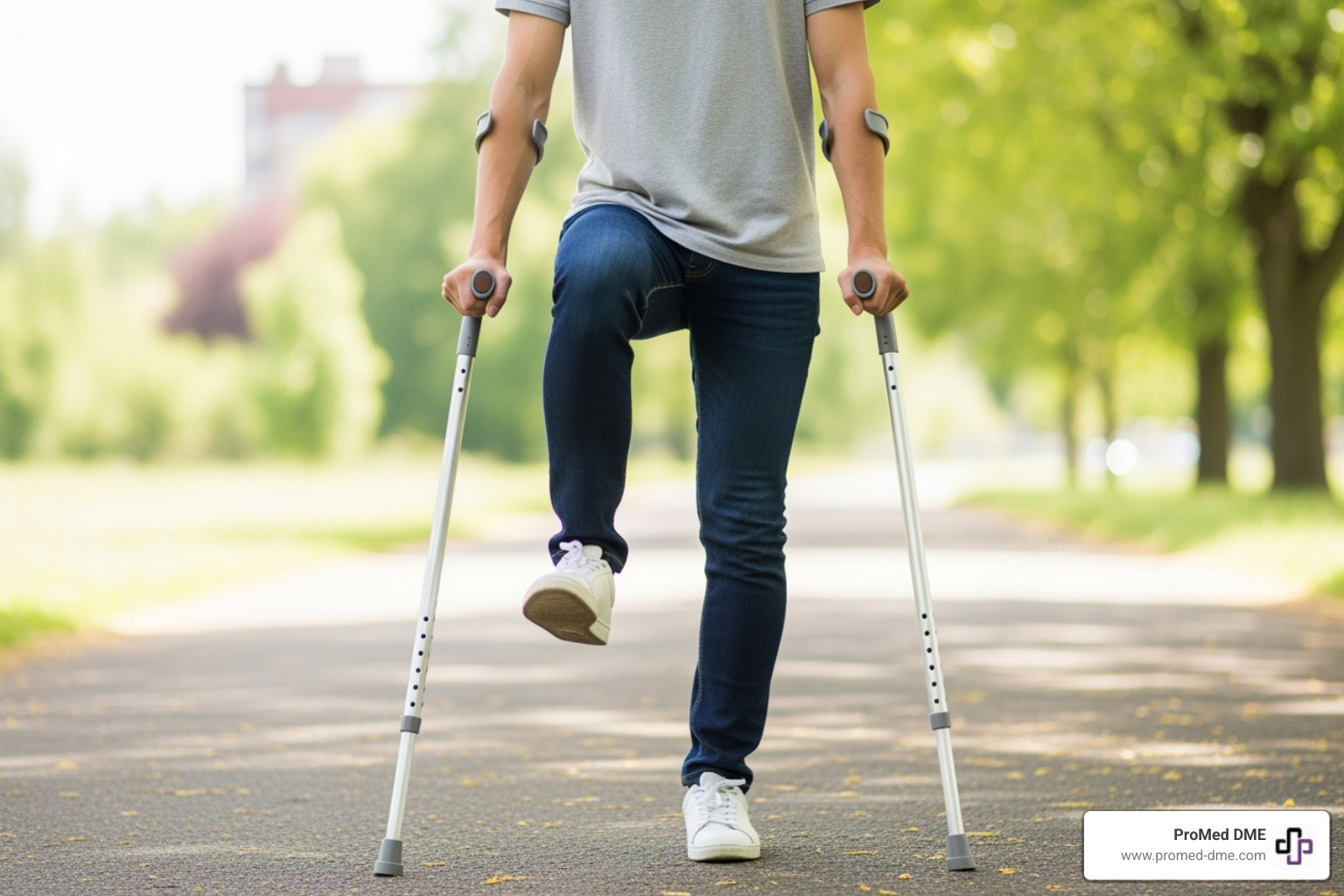 image illustrating the stable tripod position with crutches placed slightly in front and to the sides of the feet - Crutches for non-weight bearing
