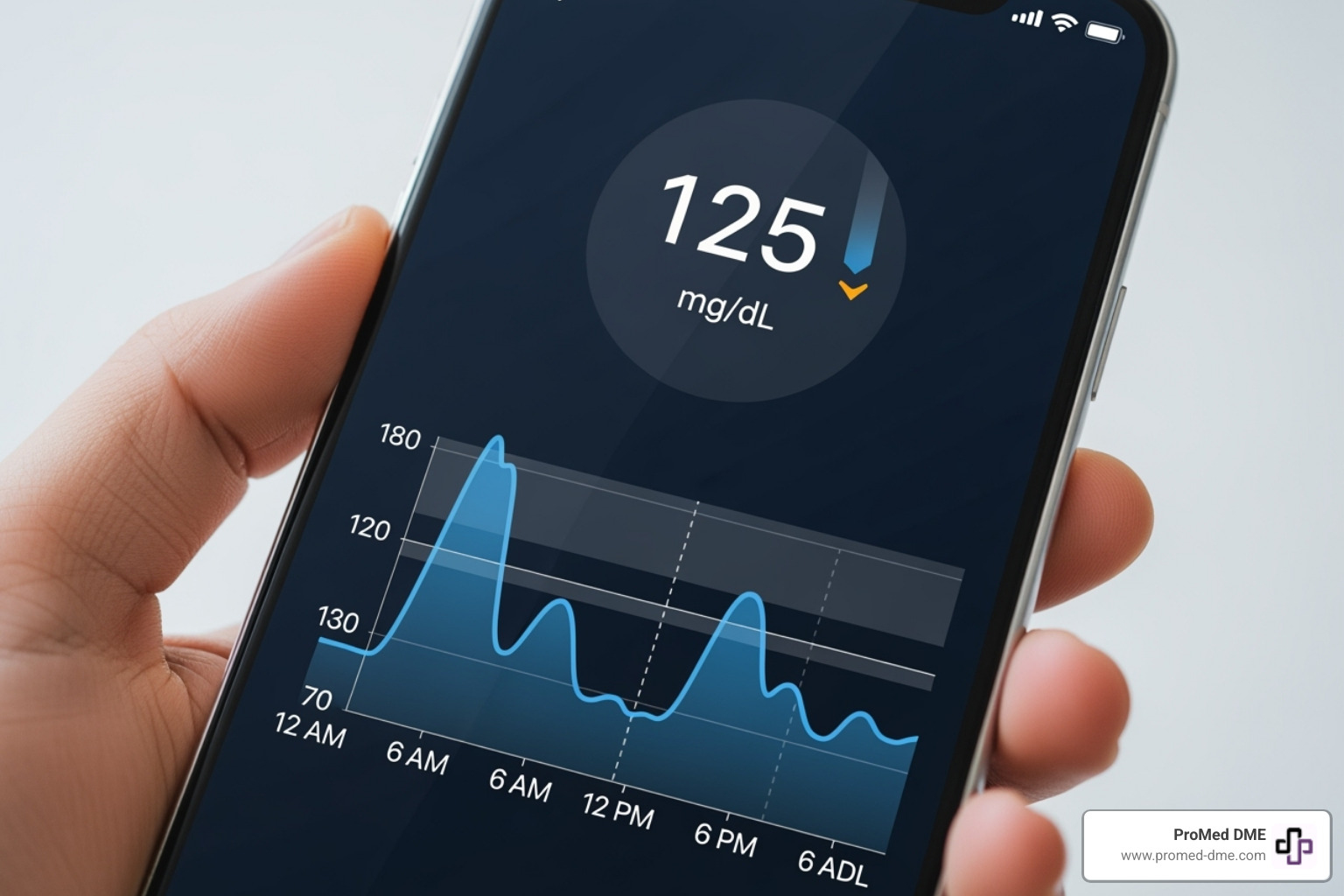 smartphone displaying a CGM app with glucose trend data - diabetes sensor
