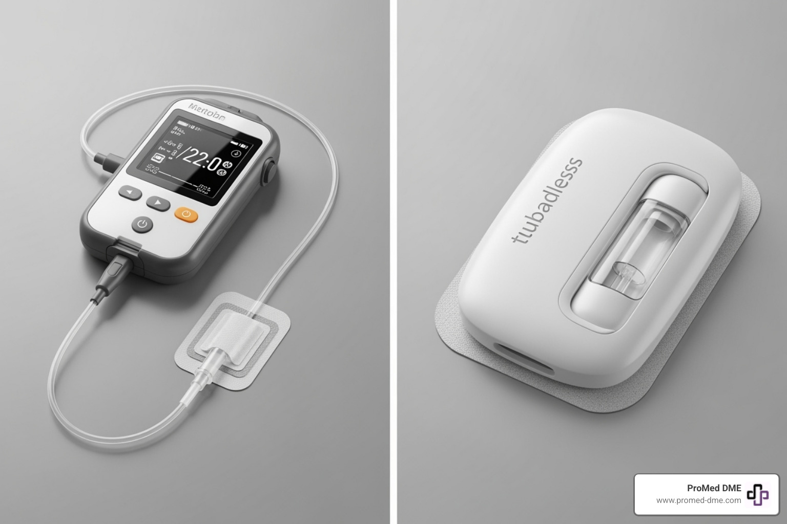 side-by-side comparison of a traditional tubed pump and a tubeless patch pump - how insulin pump therapy works