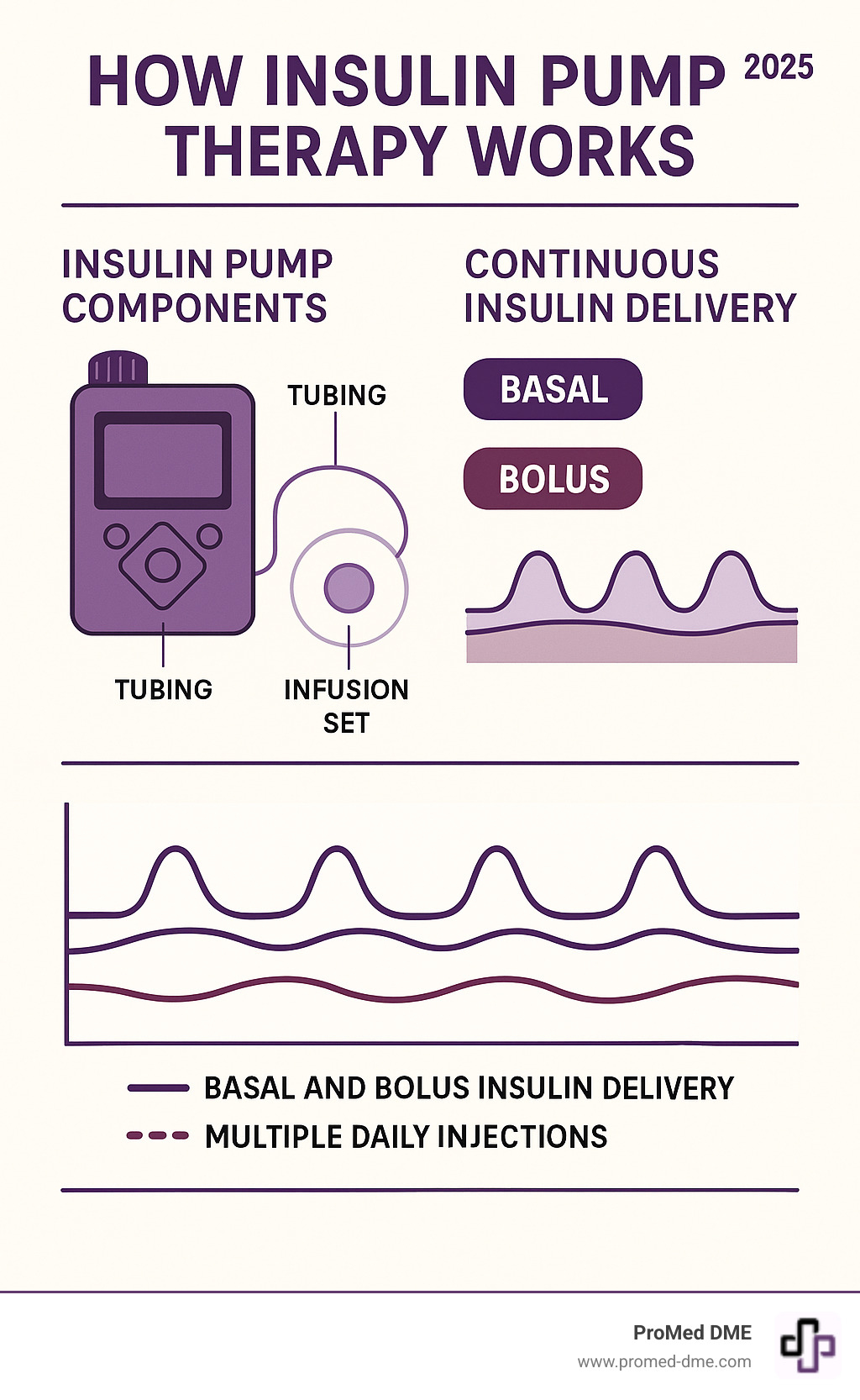 Detailed infographic showing insulin pump components and delivery system with basal and bolus insulin patterns compared to multiple daily injection peaks and valleys - how insulin pump therapy works infographic 