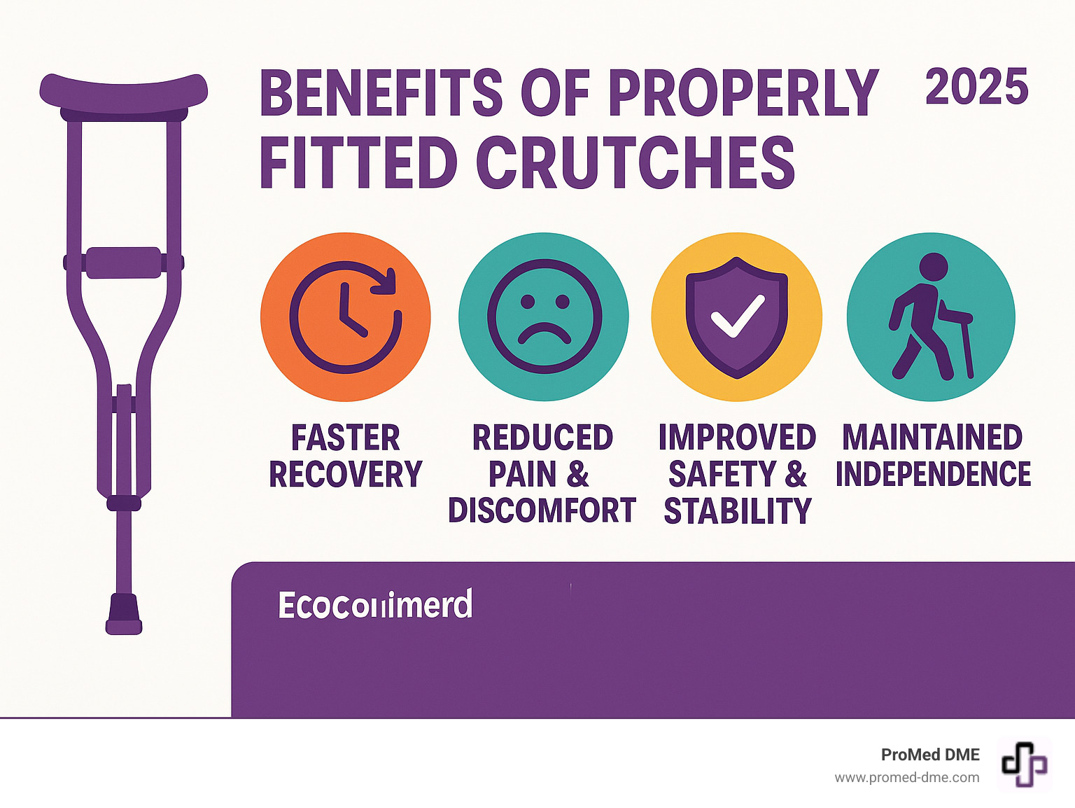 Infographic showing the key benefits of properly fitted crutches including faster recovery times, reduced pain and discomfort, improved safety and stability, and maintained independence during healing - cruches infographic 