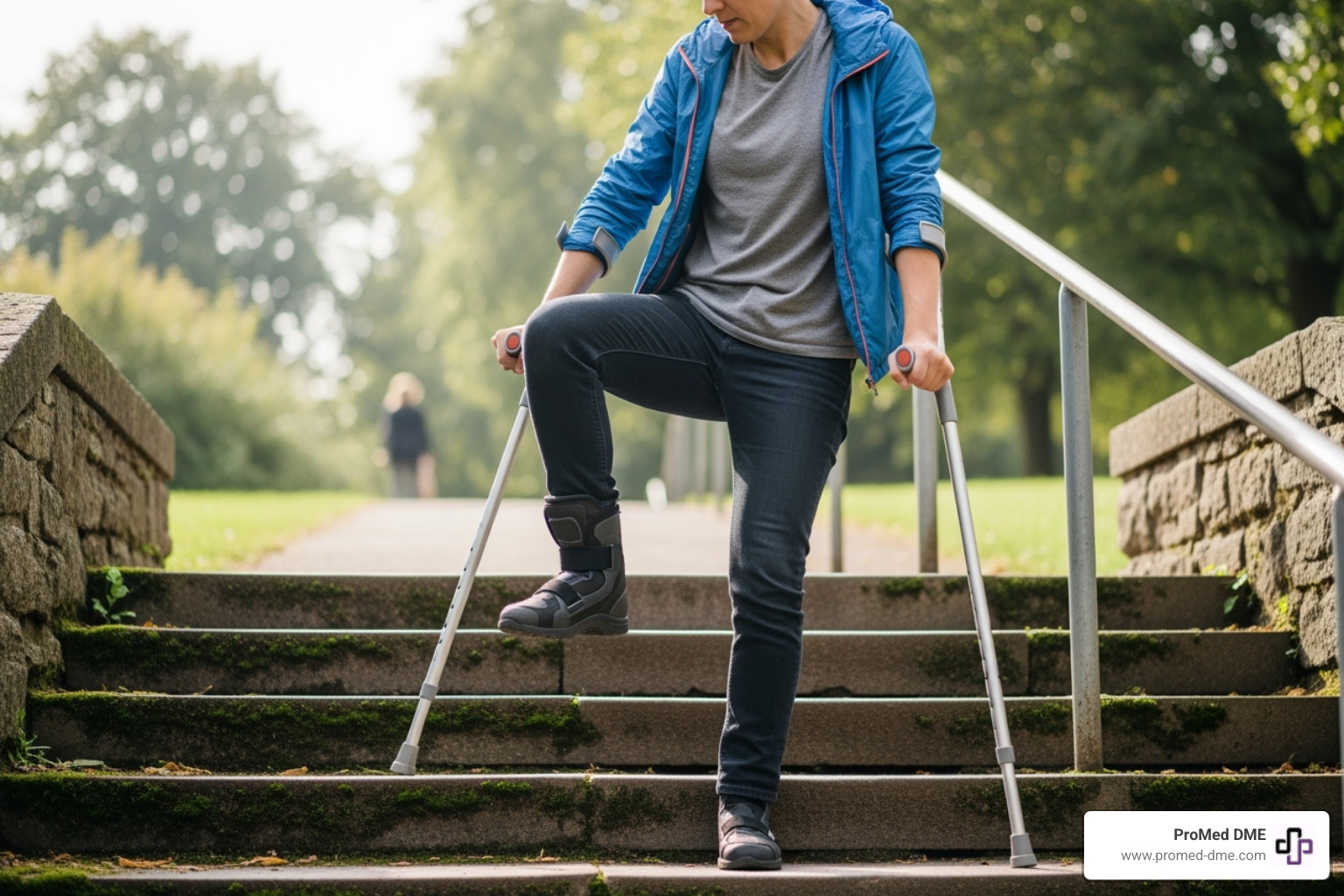 person navigating stairs with crutches - cruches