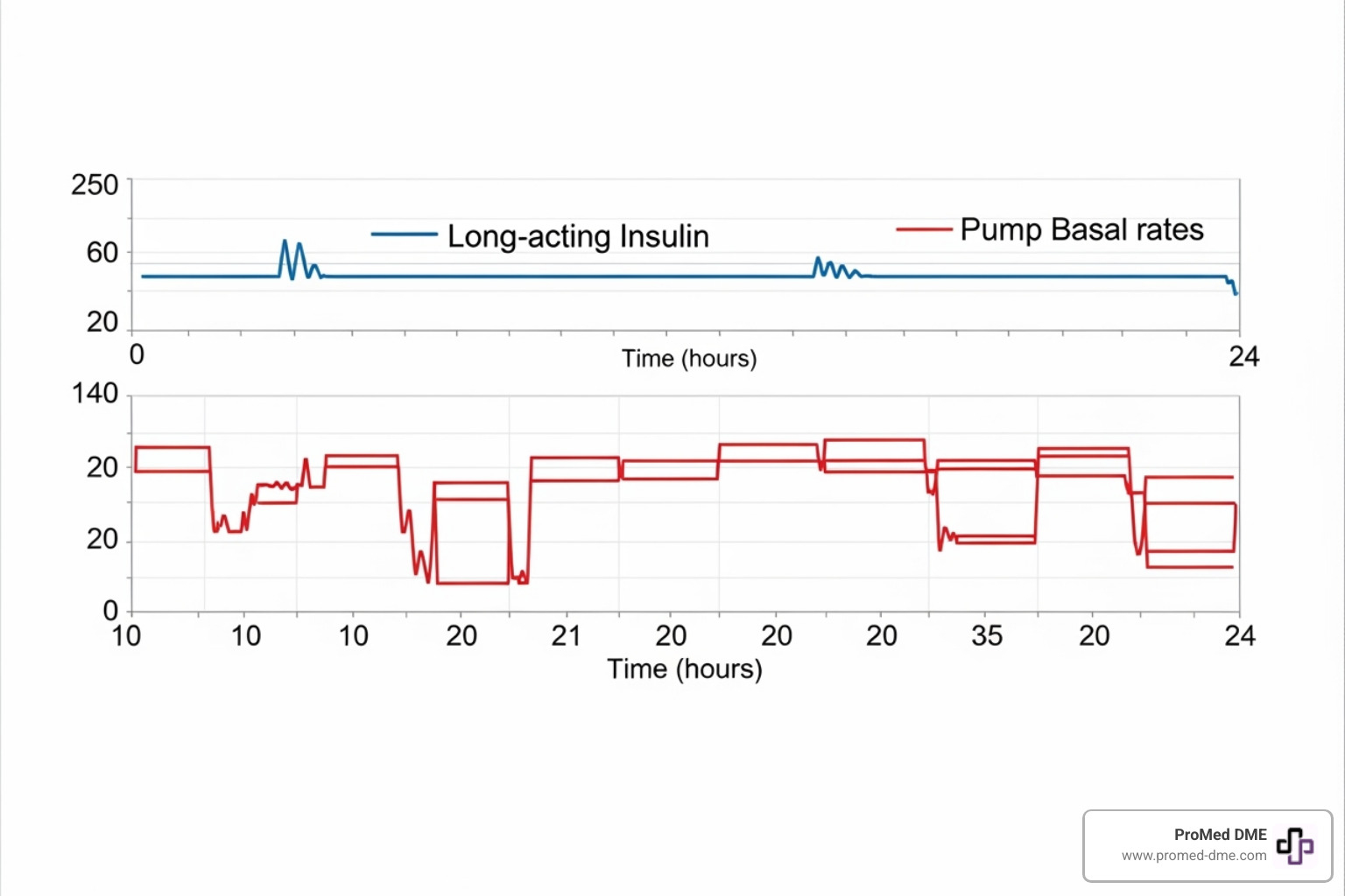 a graph comparing a flat long-acting insulin curve to a variable, multi-rate pump basal curve over 24 hours - how much basal insulin when starting pump therapy