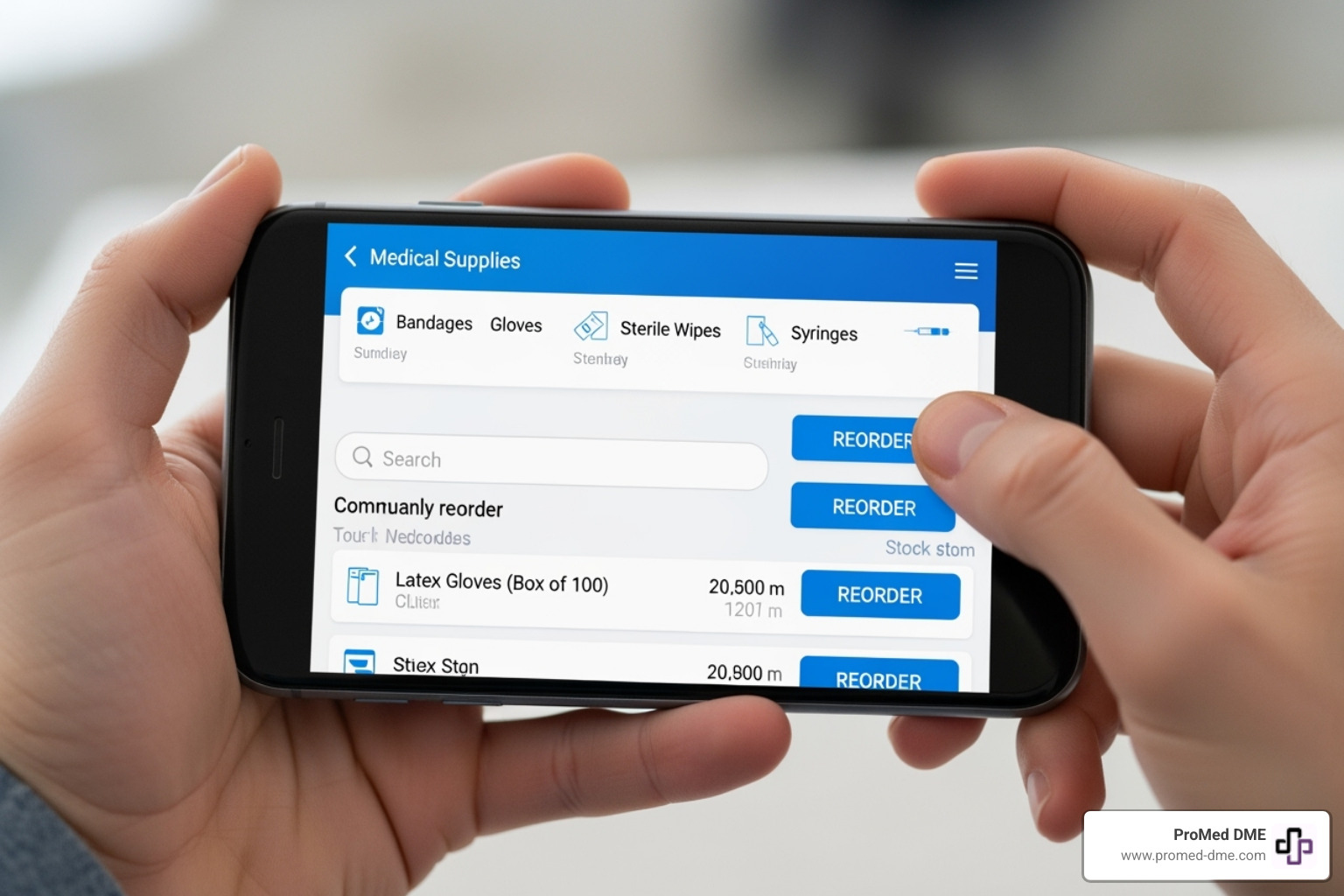 A person easily reordering medical supplies on a phone - Medical supplies delivered