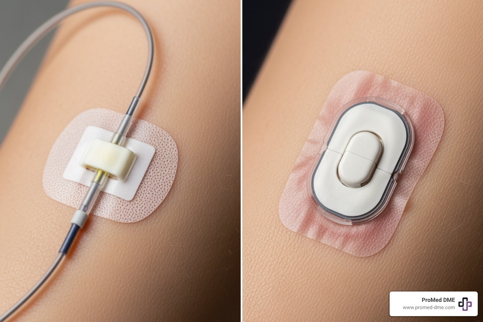 side-by-side comparison of a tubed pump infusion site and a tubeless pod - insulin pump comparison chart