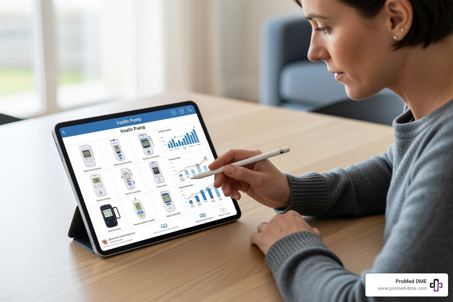 person reviewing pump options on a tablet - insulin pump comparison chart