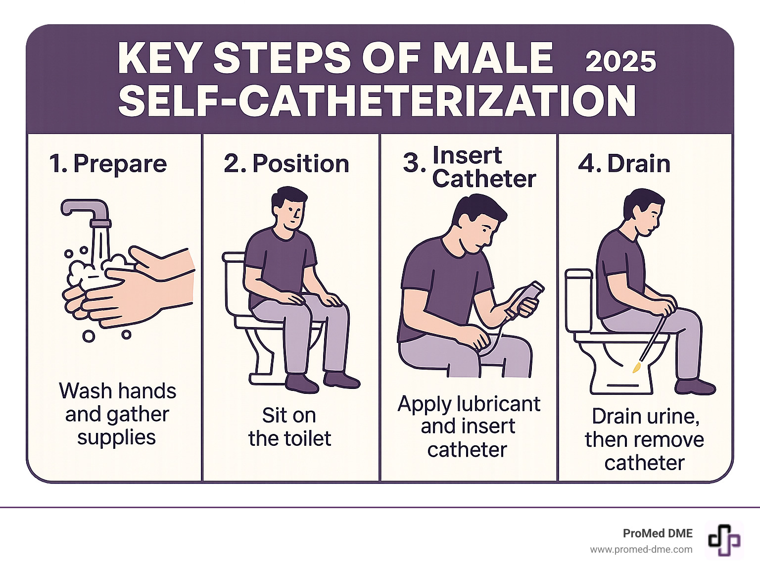 infographic illustrating the key steps of male self-catheterization - urine catheter male infographic 