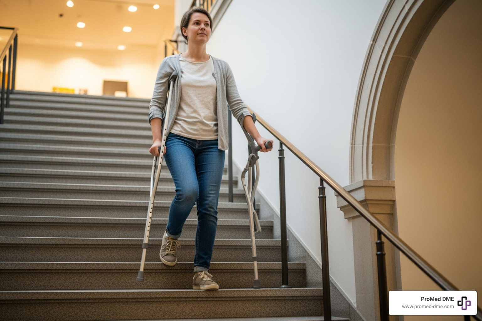 person safely navigating stairs with a handrail - crutch