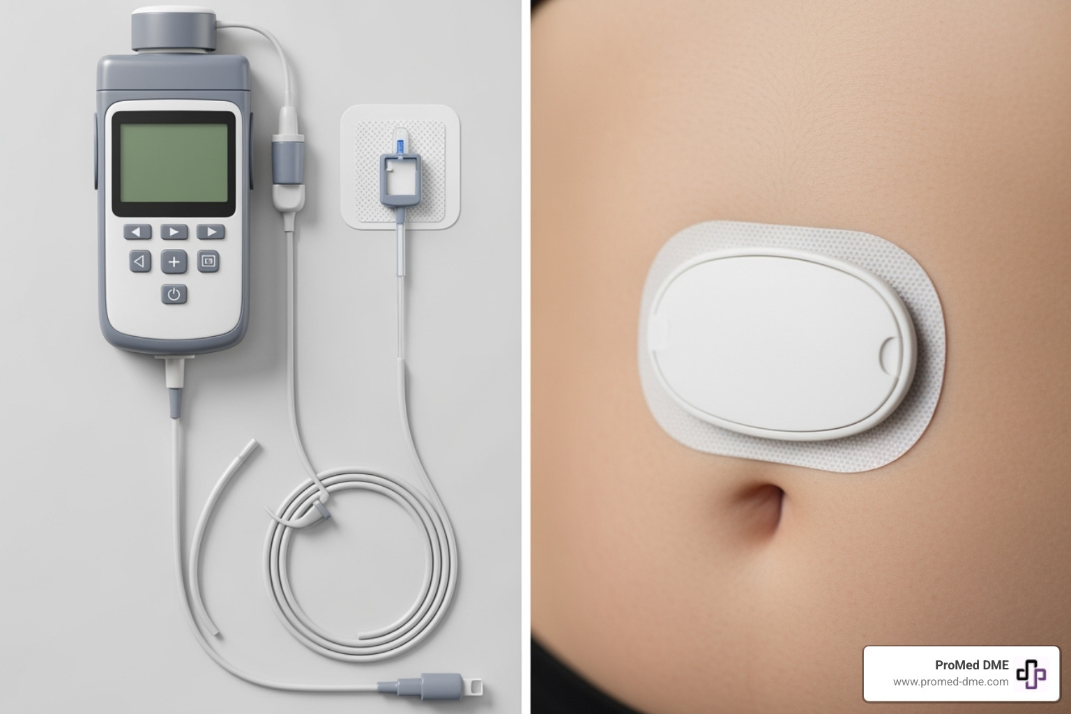 side-by-side comparison of a traditional tubed insulin pump and a tubeless patch pump - insulin pump for elderly