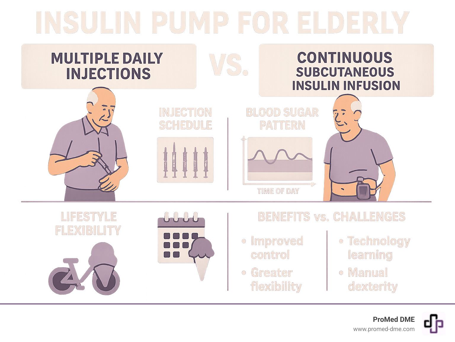 Detailed comparison infographic showing Multiple Daily Injections versus Continuous Subcutaneous Insulin Infusion, including daily injection schedules, blood sugar patterns throughout the day, lifestyle flexibility differences, and key benefits and challenges of each approach for elderly patients - insulin pump for elderly infographic 