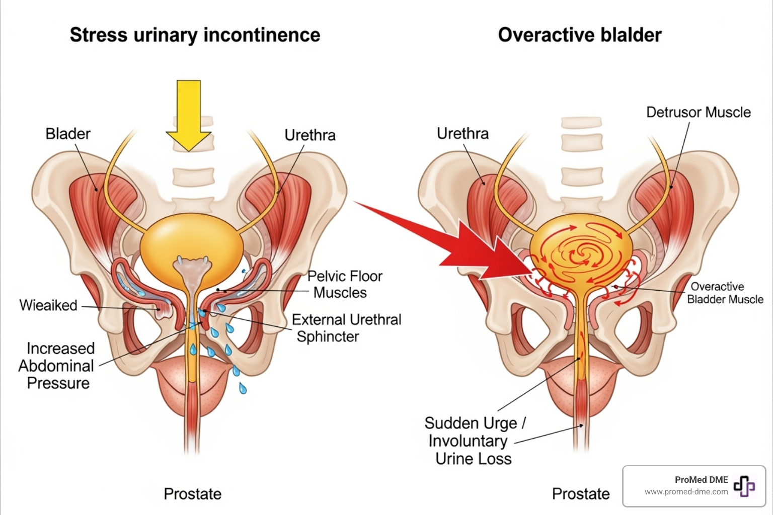 Diagram illustrating the bladder and urethra, showing how increased abdominal pressure leads to leakage in stress incontinence (weak sphincter) and how an overactive bladder muscle leads to sudden urges and leaks in urge incontinence - managing male incontinence