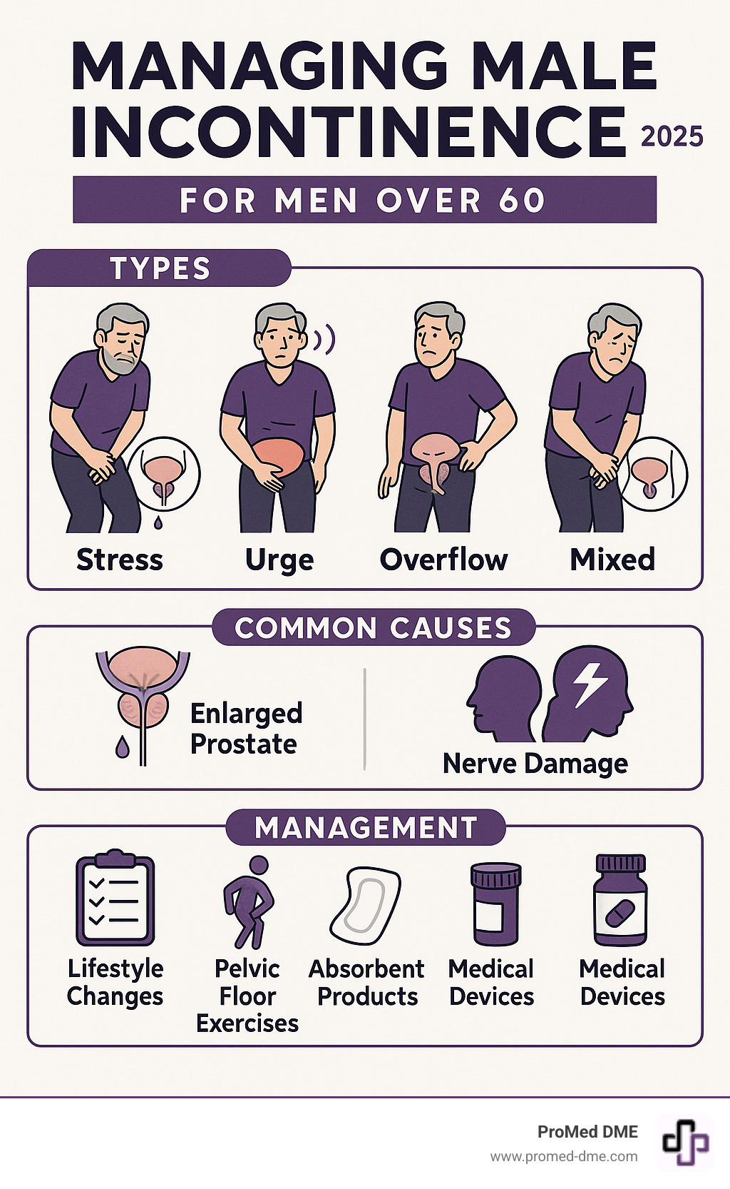 Comprehensive infographic showing the four main types of male incontinence (stress, urge, overflow, and mixed) with visual representations of each type, common causes including enlarged prostate and nerve damage, and management options ranging from lifestyle changes to medical treatments, designed specifically for men over 60 - managing male incontinence infographic 