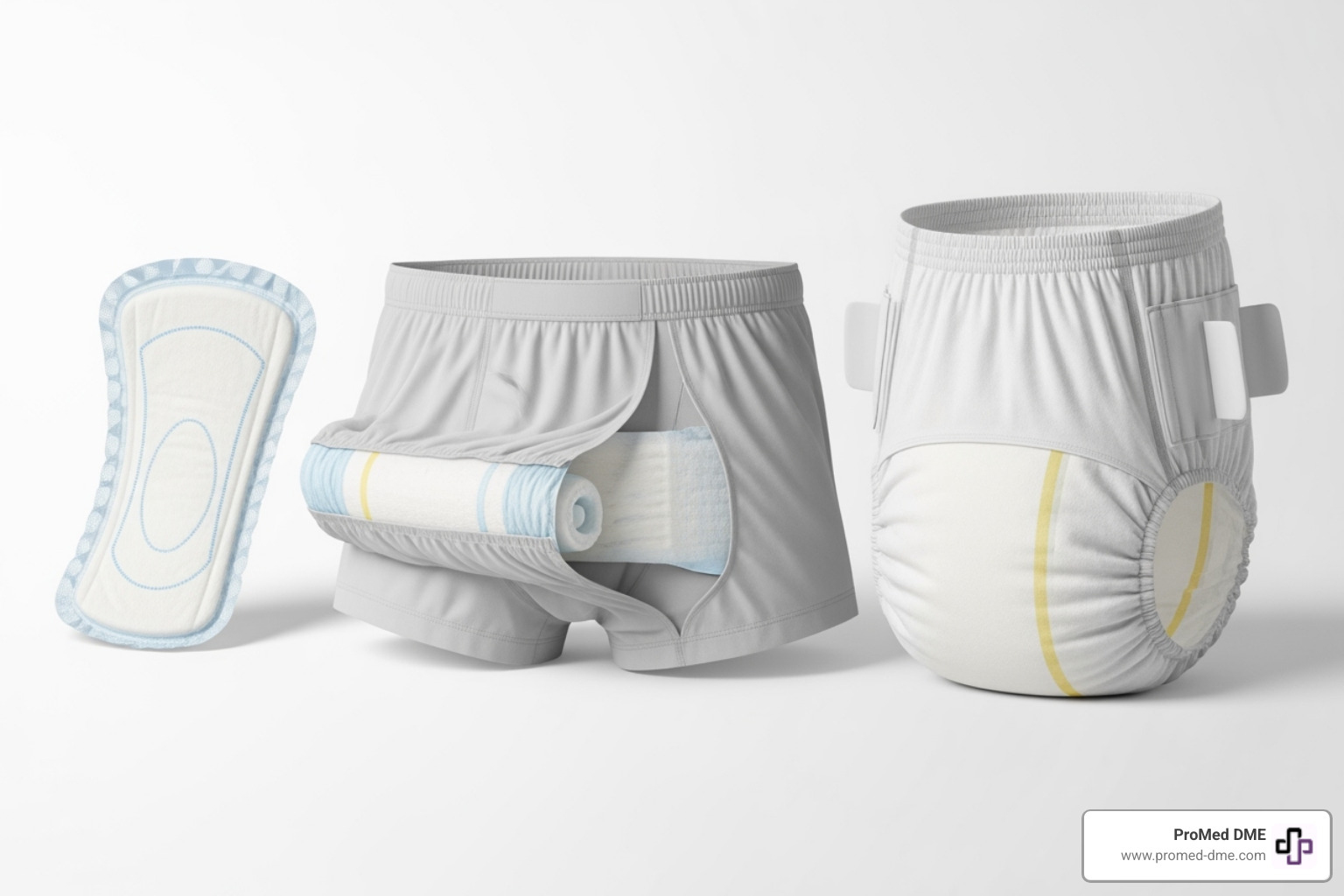 A visual lineup of male incontinence absorbent products including small male guards, pull-up style disposable underwear, and tabbed briefs, showcasing their different sizes and forms - managing male incontinence
