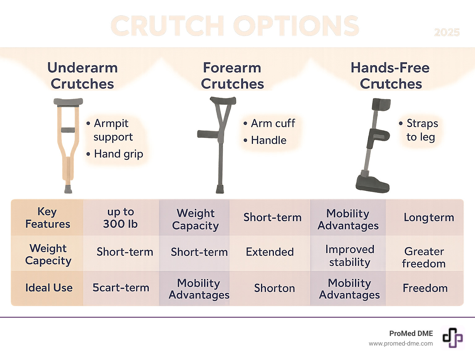 Comprehensive comparison chart showing underarm crutches with armpit support and hand grips, forearm crutches with arm cuffs and handles, and hands-free crutches that strap to the leg, including key features like weight capacity, ideal use duration, and mobility advantages for each type - crutch nearby infographic 