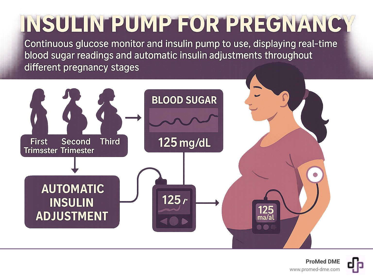 Infographic showing insulin pump connected to pregnant woman with continuous glucose monitor, displaying real-time blood sugar readings and automatic insulin adjustments throughout different pregnancy stages - insulin pump for pregnancy infographic 